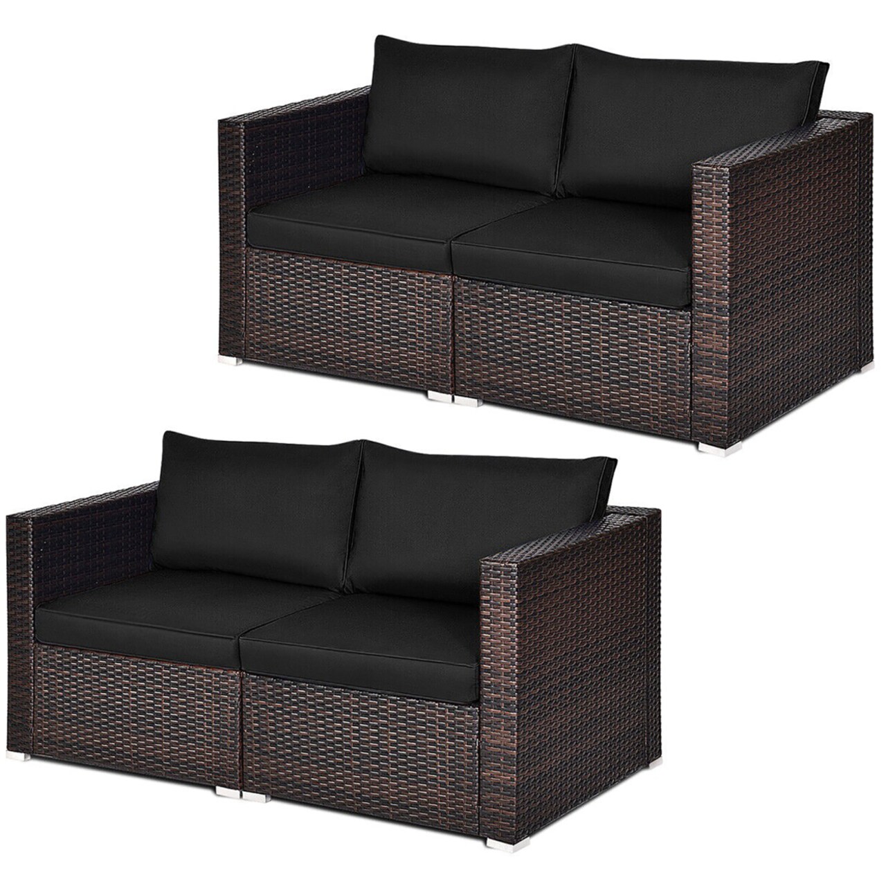4Pcs Rattan Corner Sofa Set Patio Outdoor Furniture Set W/ Black Cushions